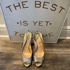 Christian Louboutin, silver and gold sling back 100 mm heels